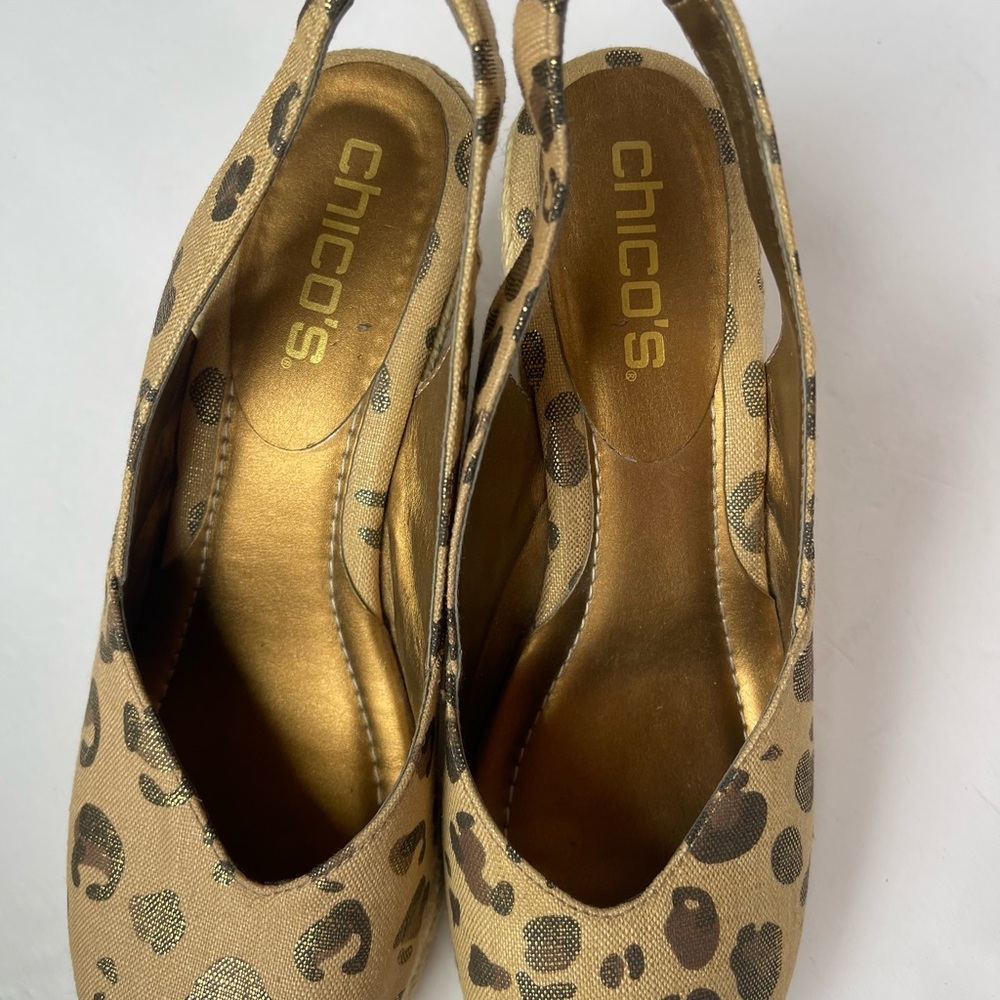 CHICOS Gold Metallic Leopard Print Espradille Wedge Size 7